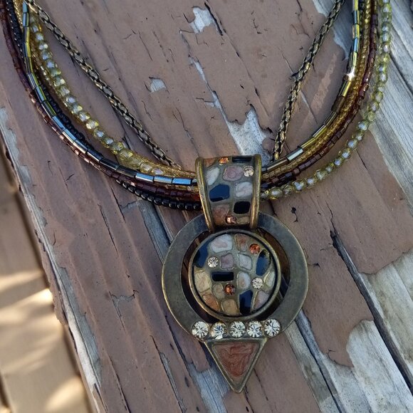Chico's Jewelry - Chico's multi strand rhinestone & bronze tone mosaic beaded necklace